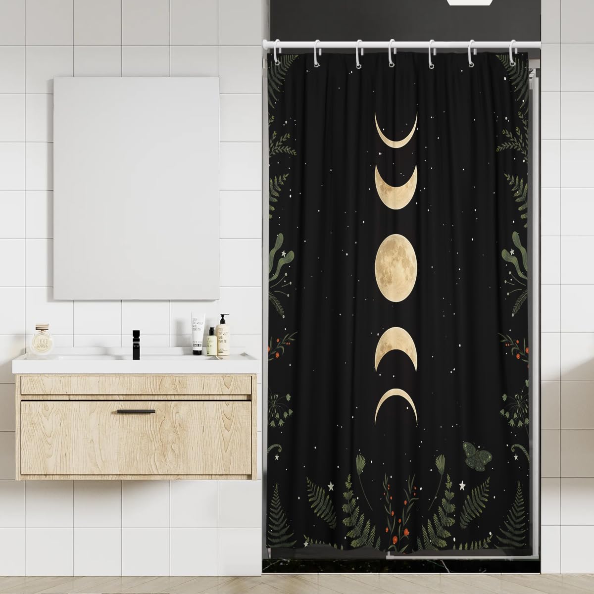 Coxila Moon Phase Shower Curtain 36x72 Inch Stall Half Mini Size Stand up Standing Celestial Moonlit Plants Leaves Goth Gothic Mysticism Witch Witchy