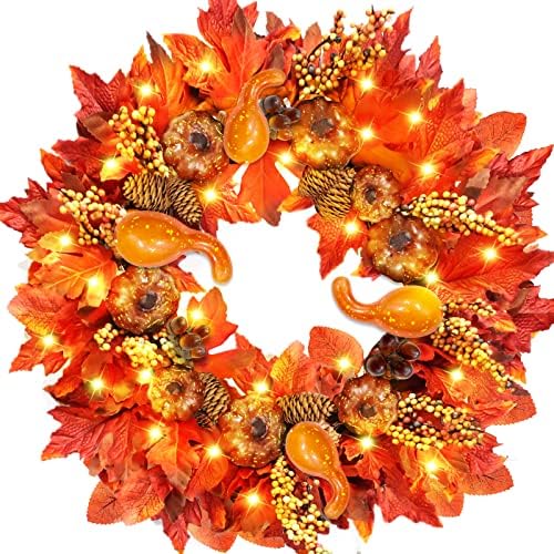 [Timer] 20 Inch 30 LED Prelit Thick Fall Front Door Wreath Fall Decorations 3 Styles 97 Maple Leaves 12 Pumpkin 8 Pinecone 12 Acorn Battery Operated Warm Lights Thanksgiving Fall Decor Indoor Outdoor
