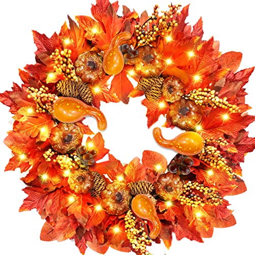 [Timer] 20 Inch 30 Led Prelit Thick Fall Front Door Wreath Fall Decorations 3 Styles 97 Maple Leaves 12 Pumpkin 8 Pinecone 12 Acorn Battery Operated Warm Lights Thanksgiving Fall Decor Indoor Outdoor #TOP17