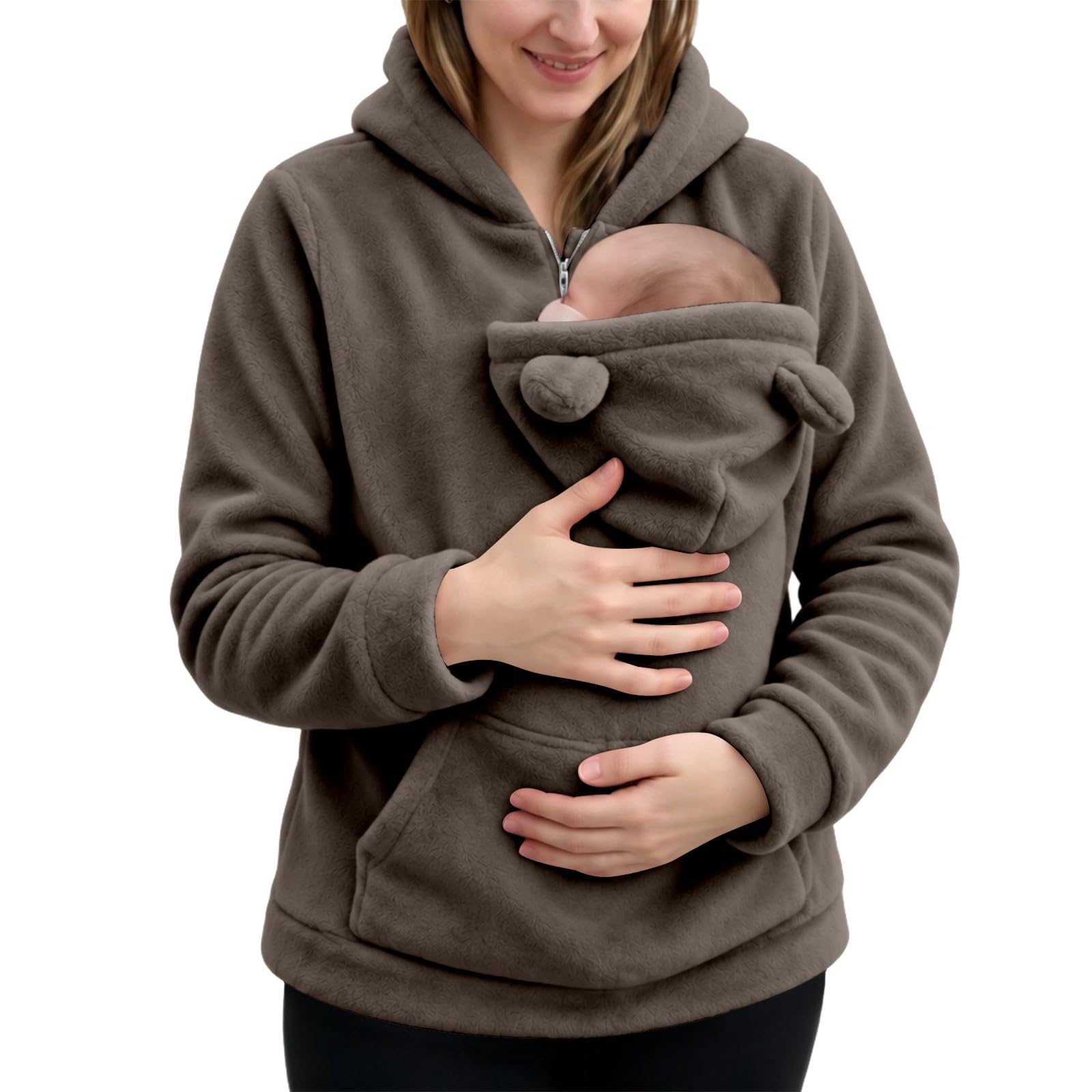 generisch Felpa con cappuccio da donna con tasca porta bebè, felpa in pile con cappuccio e cerniera