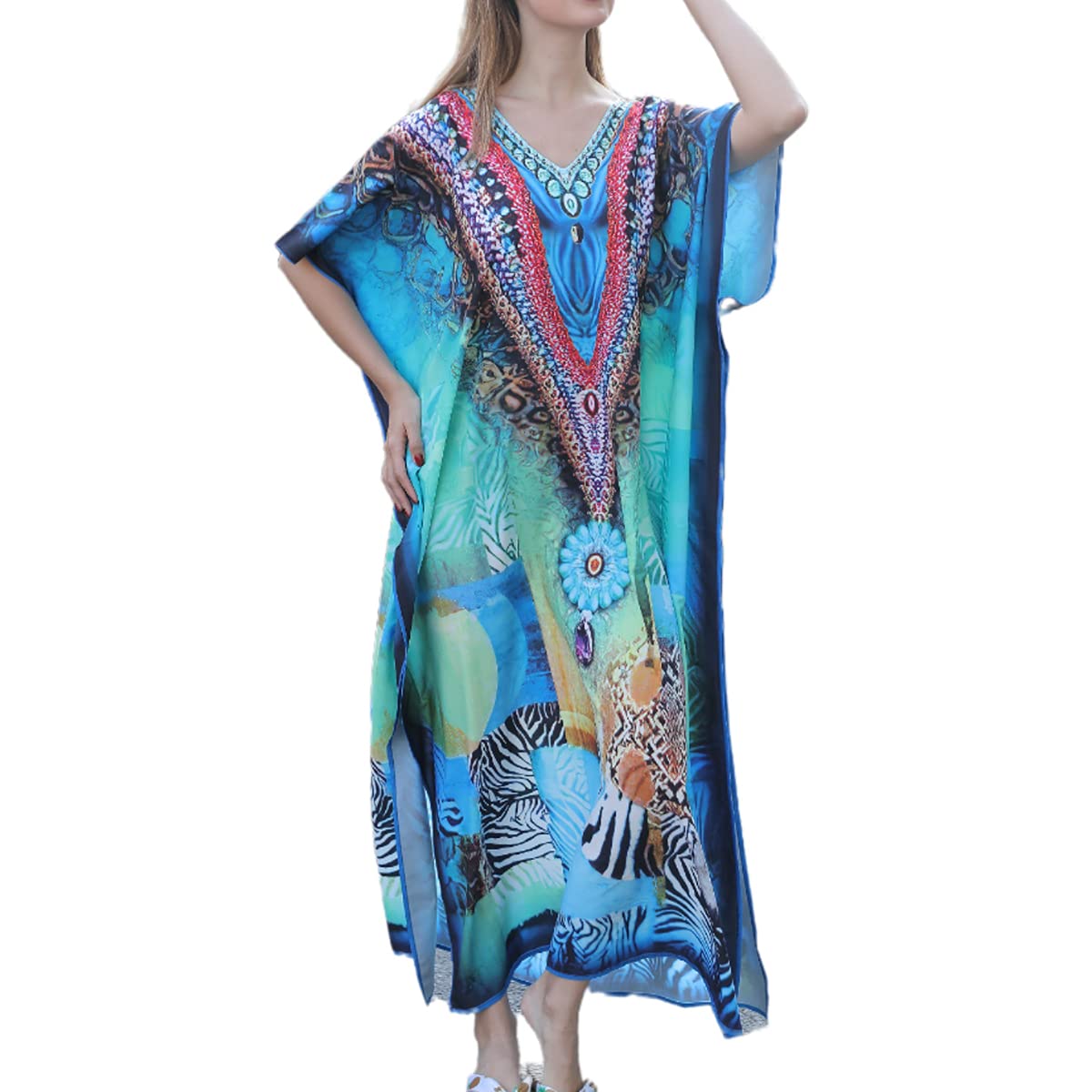 Snyemio Kaftan Vestido Largo de Playa Mujer Maxi Pareo Floral Verano Túnica Boho Talla Grande Kimono