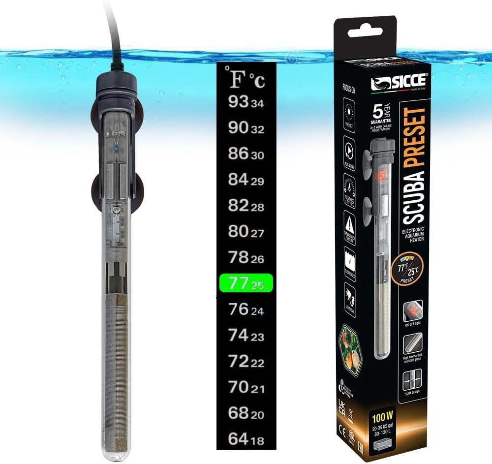 Sicce Scuba 100 Watt Aquarium Fish Tank Heater Preset at 77℉ for Up to 35 Gallons | 100W Submersible for Marine Saltwater and Freshwater | Run Dry Protection