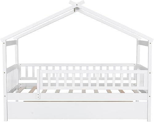 Miniatura 112 de Bellemave Cama de casa tamaño matrimonial con barandillas de valla, marco de cama de madera estilo Montessori para niños, divertidas camas de casa