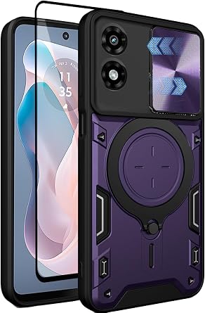 for Moto G Play 2024 Case with Slide Camera Cover, Magnetic Kickstand Ring Military Grade Shockproof Phone Case for Motorola G Play 4G 2024 with Screen Protection - Purple