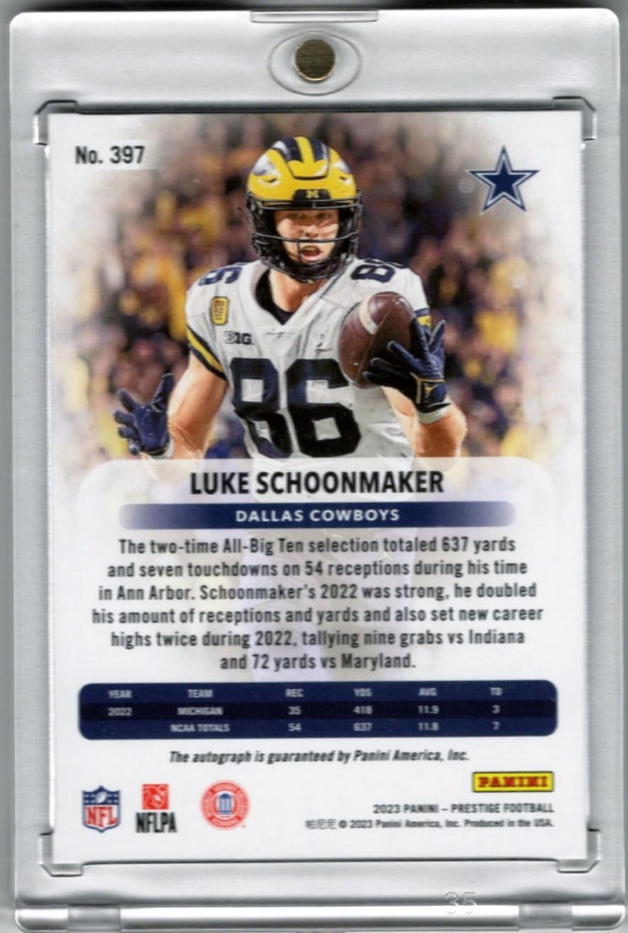 Luke Schoonmaker Autographed Rookie Card Collectible Football Card - 2023 Panini Prestige Football Card #397 (Cowboys)