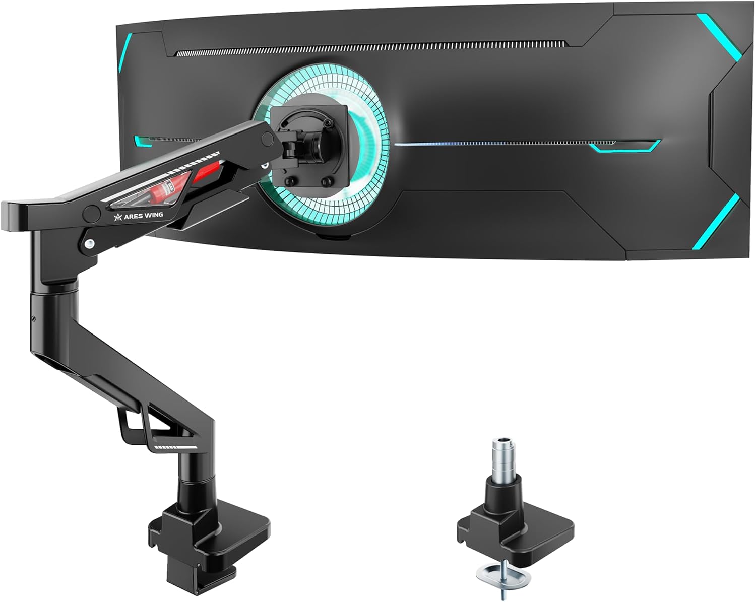 ARES WING Premium Monitor Arm, Ultrawide Monitor Stand up to 57” and 66 Lbs, Gas Sprinq Monitor Mount Height Adjustable and Extension Monitor Stand for Desk Various VESA Mount with Clamp/Grommet Base