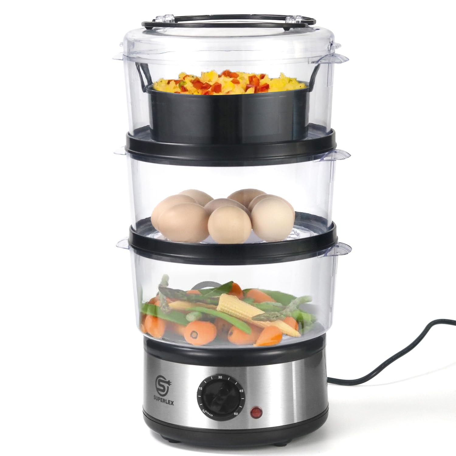 Elektrische Dampfgarer 7,5L mit 3 Behältern, 60 Min Timer, BPA-frei, spülmaschinengeeignet