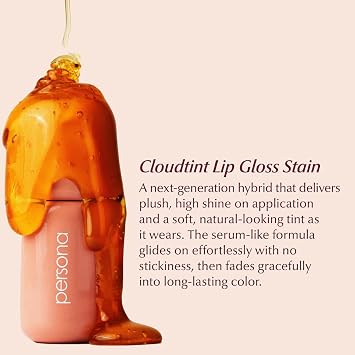 PERSONA Peach Cloudtint Lip Gloss Stain, Hydrating Gloss-to-Tint Hybrid | High shine, long-lasting buildable color with squalane, glycerin and ceramide complex, vegan, cruelty-free, made in USA