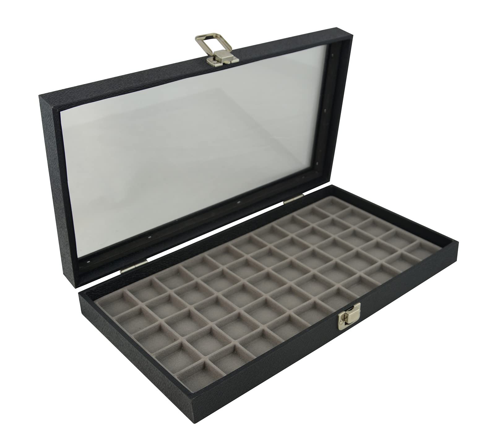 Glass Top Display Case with a Snap close lid & a Choice of Grey Flocked Jewellery Coin Medal Display Insert (Case with 50 compartments)