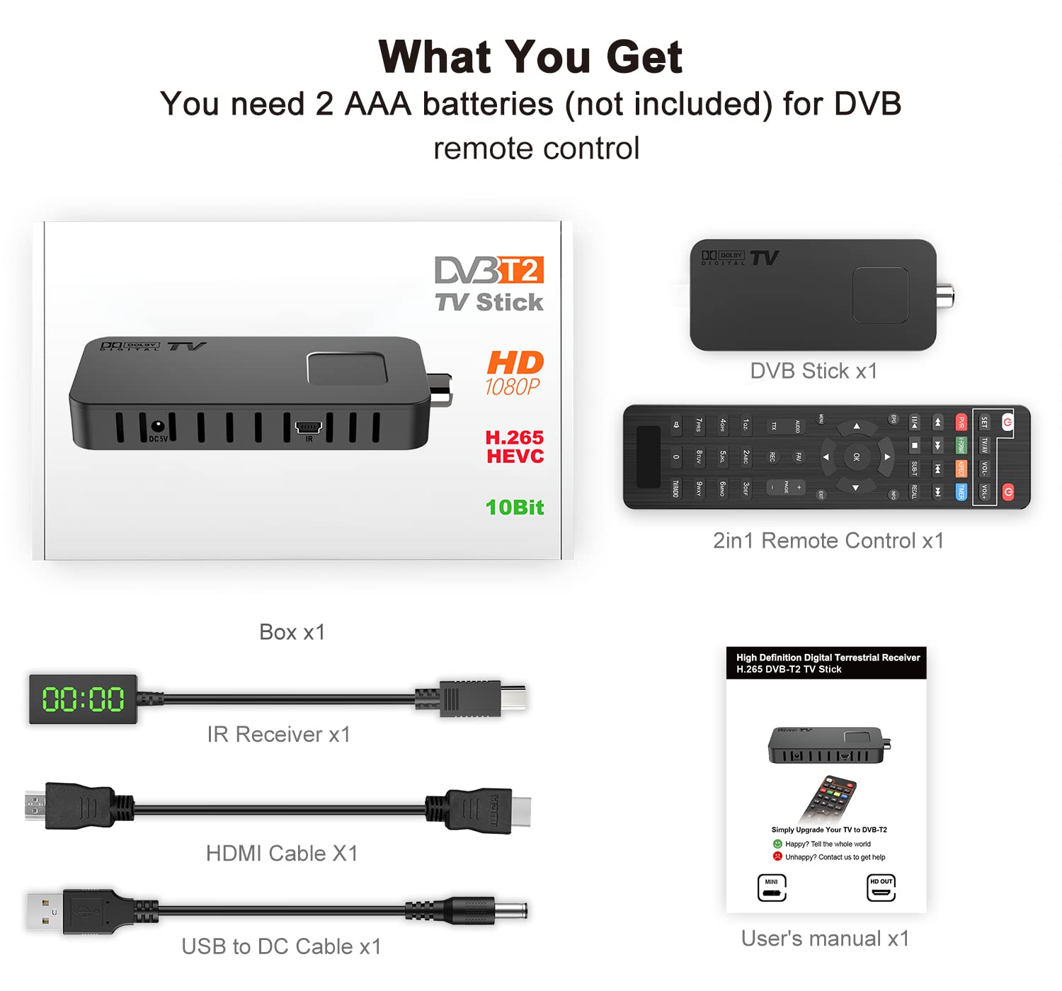 DCOLOR Decoder DVB-T2 Decoder Digitale Terrestre 2025, Mini Chiavetta TV HDMI Nascosta Dietro, DVB-T2 HDMI TV Stick, HD 1080P H265 HEVC Main 10 Bit, Supporto USB WiFi/PVR