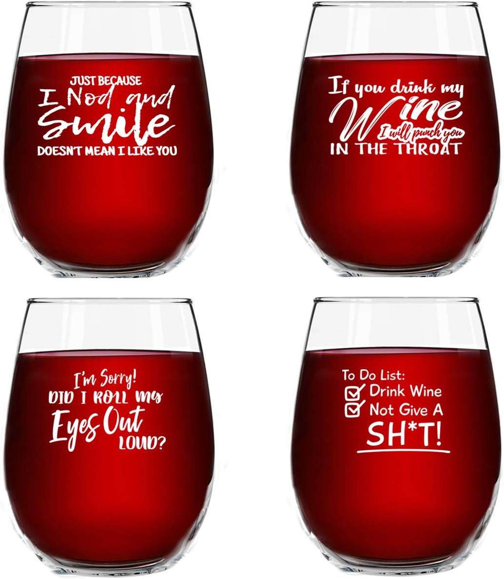 Set of 4 Crude & Rude Funny Wine Glasses (15 oz)- Novelty Glassware Gifts for Women- Hilarious Party, Event, Hosting Fun- Wine Lover Glass w/Funny Sayings- Birthday Wine Gift for Friends- Made in USA