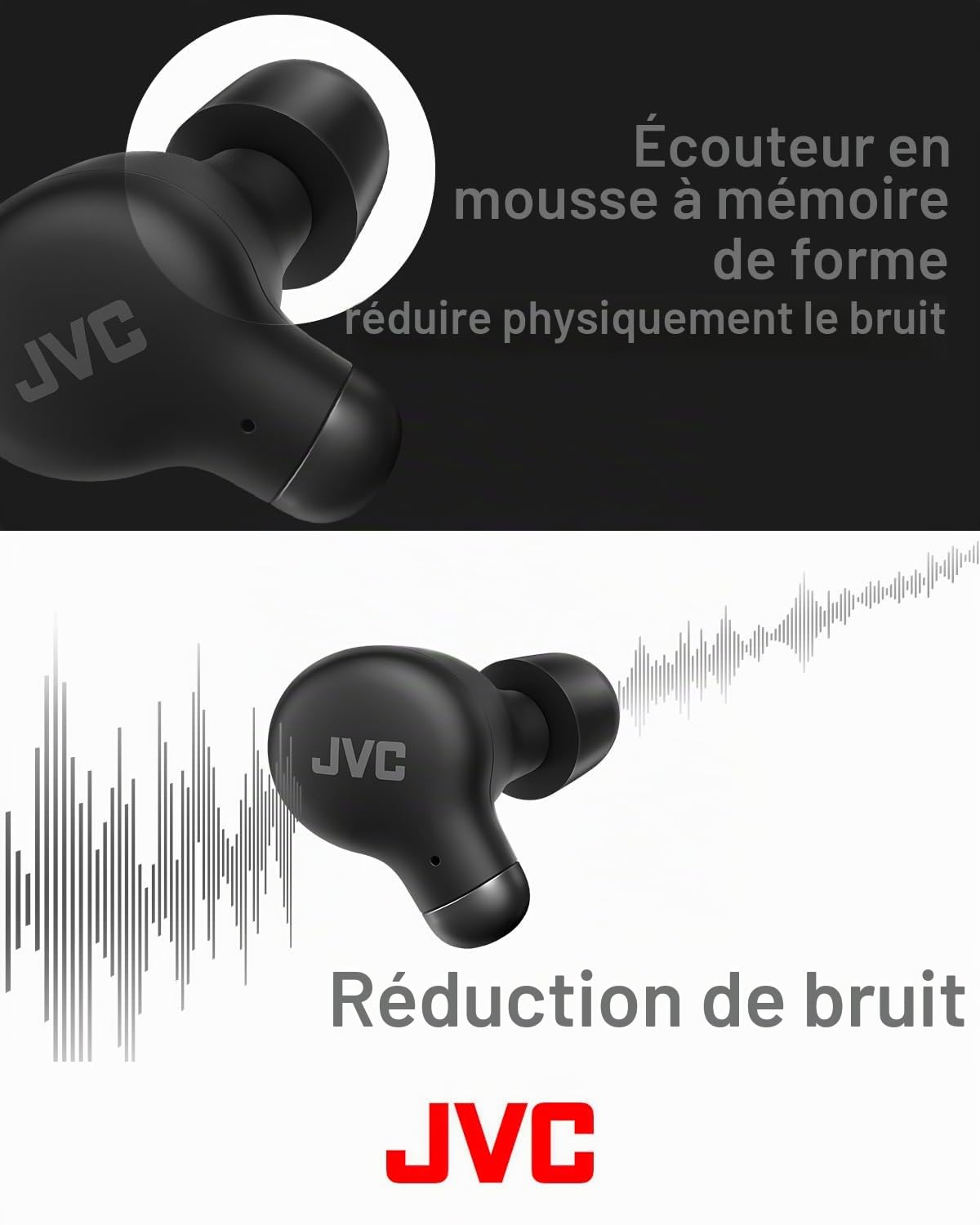 JVC True Wireless écouteurs avec réduction de Bruit, Confortables et Design, Embouts en Mousse à mémoire de Forme, 3 Modes sonores, Bluetooth 5.3, Autonomie 28H, HA-Z250T-B (Black)