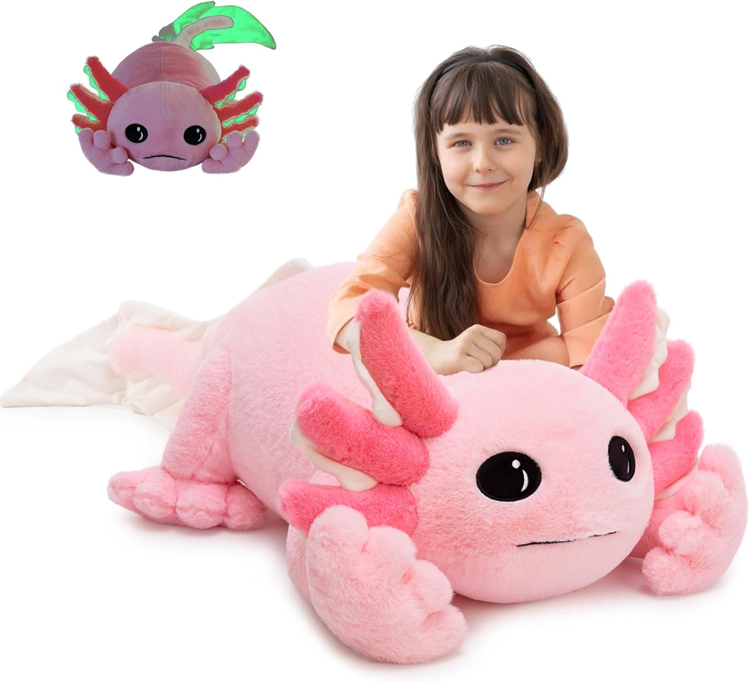 Tezituor Large Axolotl Plush Pillow, 39.5" Big Glowing Axolotl Stuffed Animal, Super Soft & Cuddly Glow in The Dark Plush Toy for Kids, Teens Adults