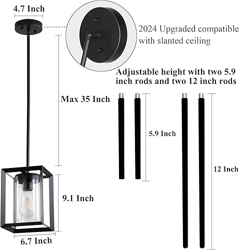 Miniatura 2 de Paquete de 2 lámparas colgantes de isla de cocina color negro, modernas lámparas colgantes con jaula de metal y pantalla de vidrio transparente,