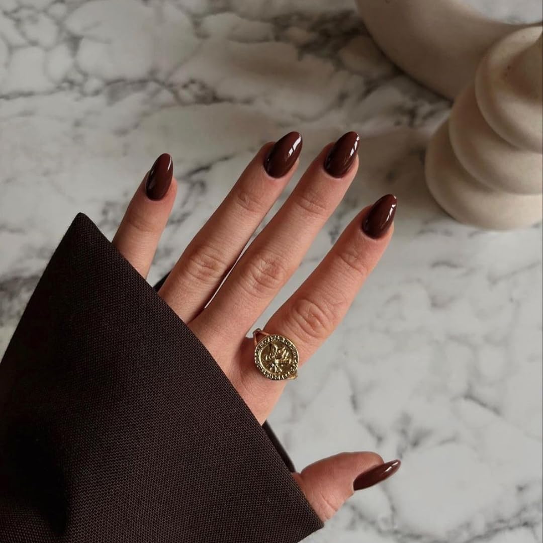SXVME Dark Brown False Nails Short Oval, Simple Acrylic Press on Nails Short - Image 3