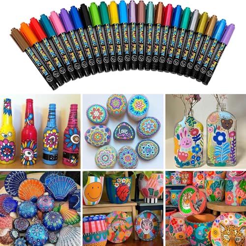 24 Stück Porzellanstifte Spülmaschinenfest, Wasserfest Stifte zum Steine Bemalen, Glasmalstifte Spülmaschinenfest, Acrylic Marker, Keramik Stifte für Steine Bemalen, Glas, Holz, Keramik, Metall