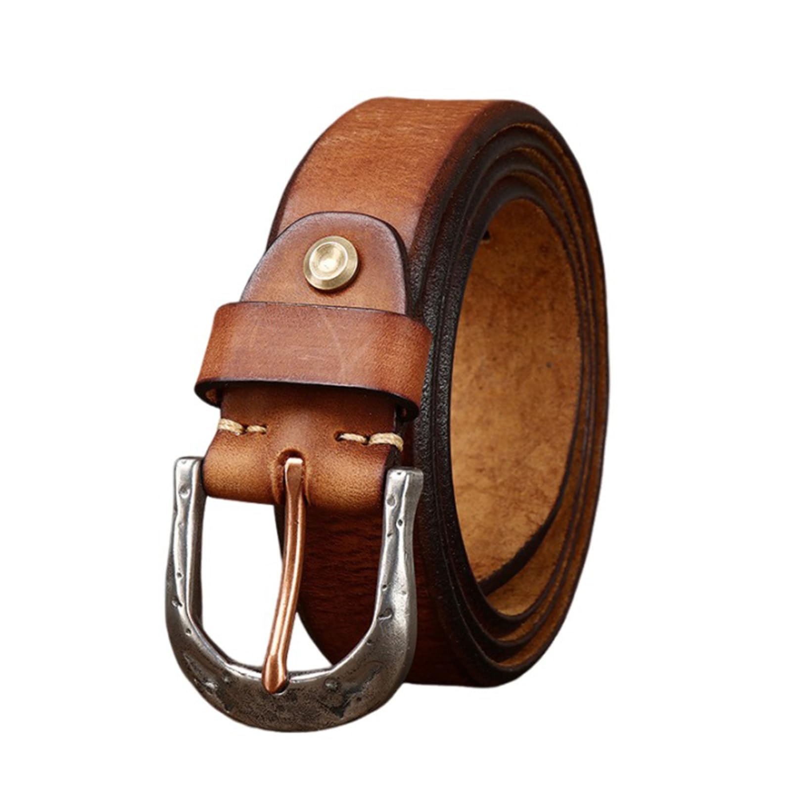 OBASDFD Men's Women's Handmade Cowhide Full Grain Real Leather Belt, 1.5" Strap With Single Prong Horseshoe Antique Silver Buckle(Brown,110cm/waist:37")