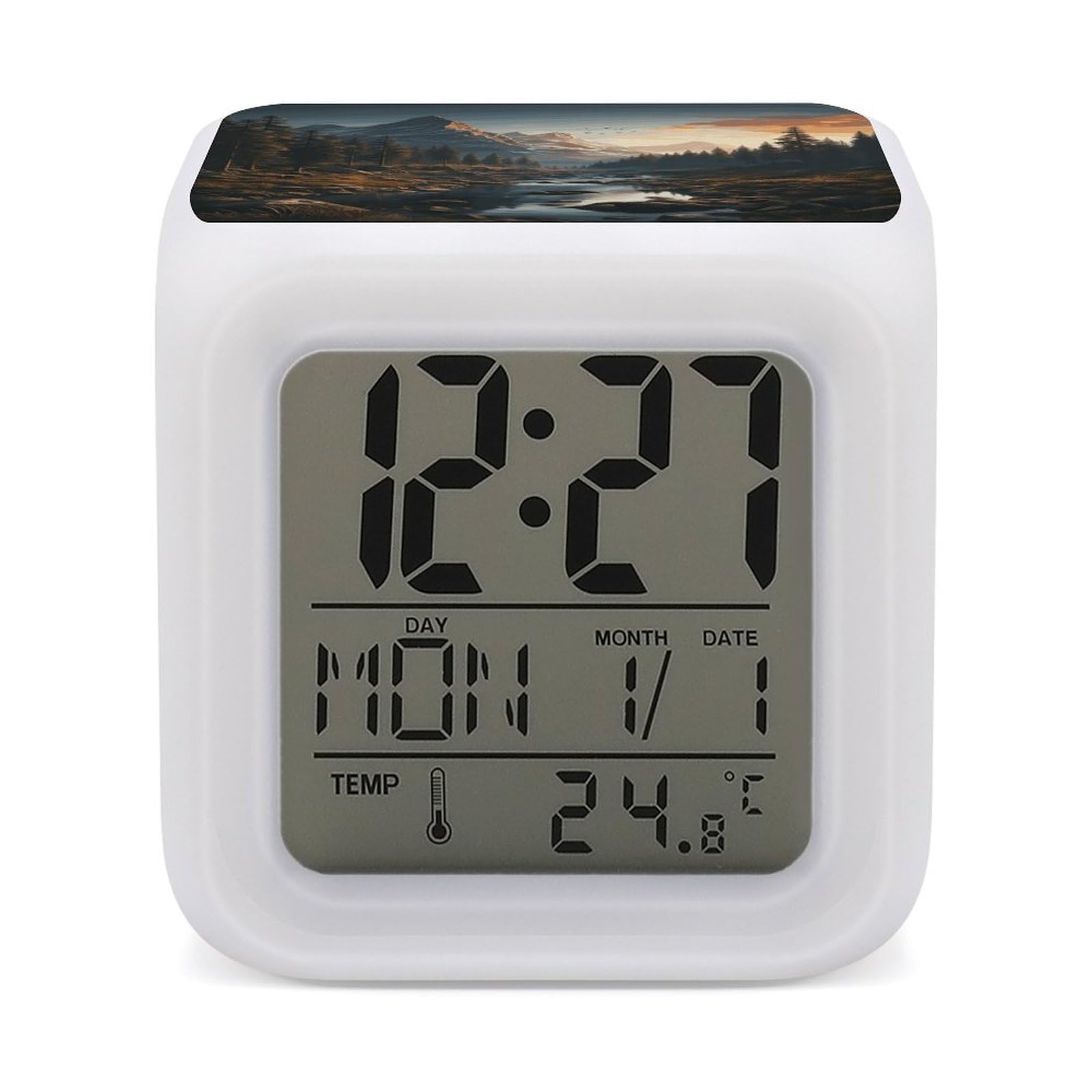 FekiLoot Wilderness Alarm Clock, Personalized Cube LED Wake Up Clock with Temperature Display, 7 Color Changing Night Light Digital Clocks for Bedroom Office Decor & Heavy Sleepers