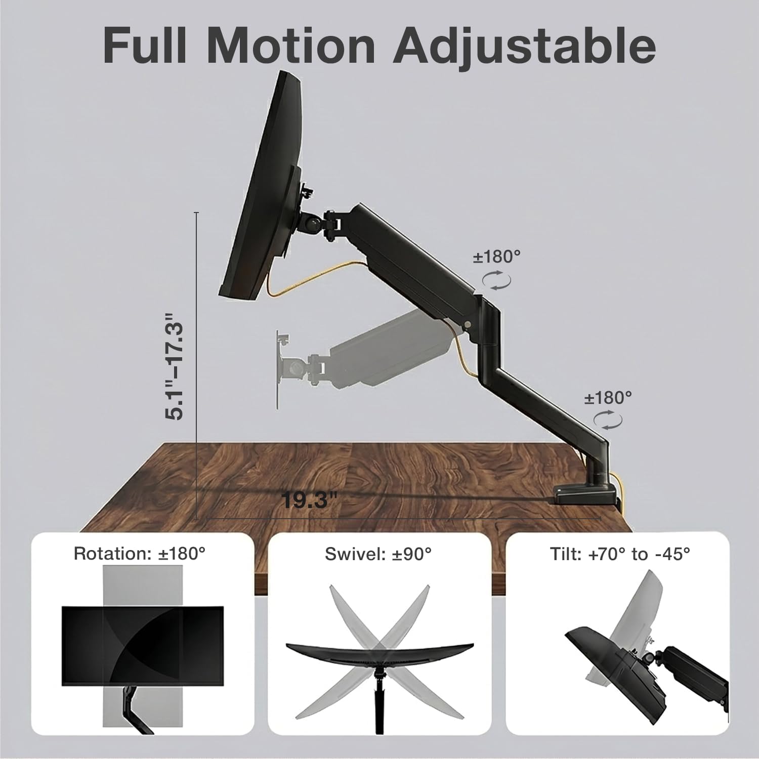 Single Monitor Arm Desk Mount – Adjustable Gas Spring Monitor Stand for 13”–34” Screens, Full Motion Swivel, Tilt & Rotation, Heavy Duty VESA Mount for Office, Gaming & Professional Setup