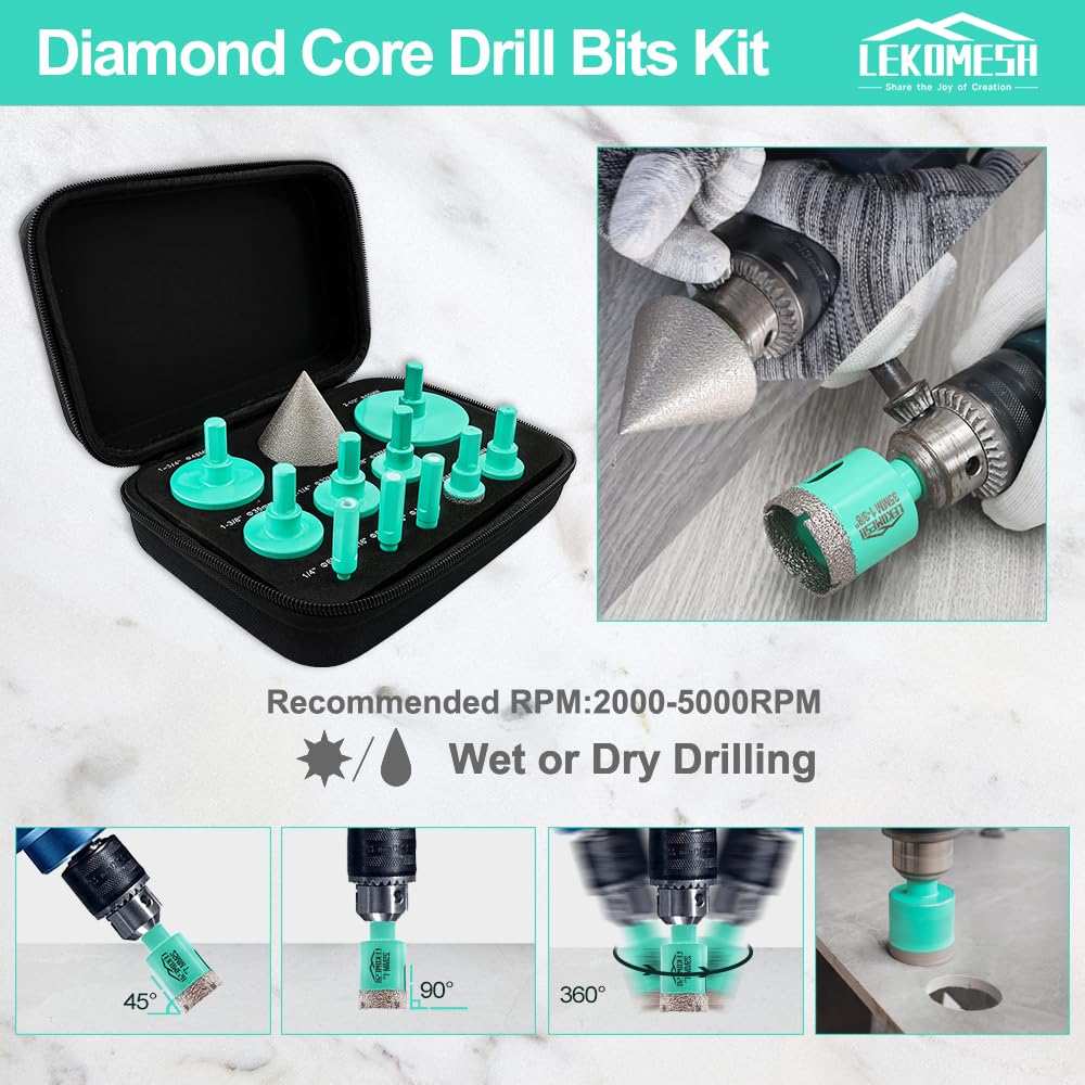 Kit per sega a tazza per piastrelle (6/8/10/25/28/32/35/45/65 mm+punta per trapano da 20 mm + punta per smussatura da 50 mm) punte diamantate per porcellana, ceramica, marmo, mattoni, cemento