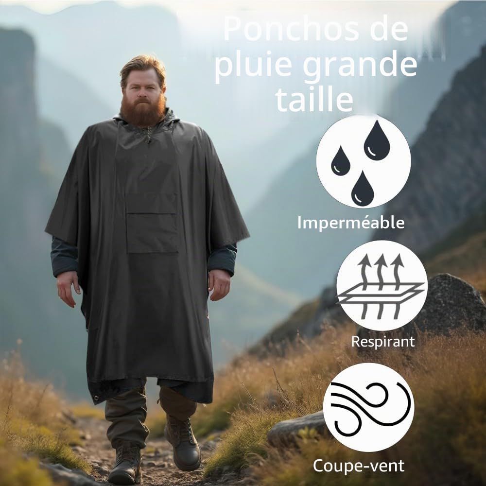 Urby Poncho de pluie pour adulte grande taille avec capuche, poncho para lluvia, poncho tactique adulte pour camping, randonnée, voyage, plein air