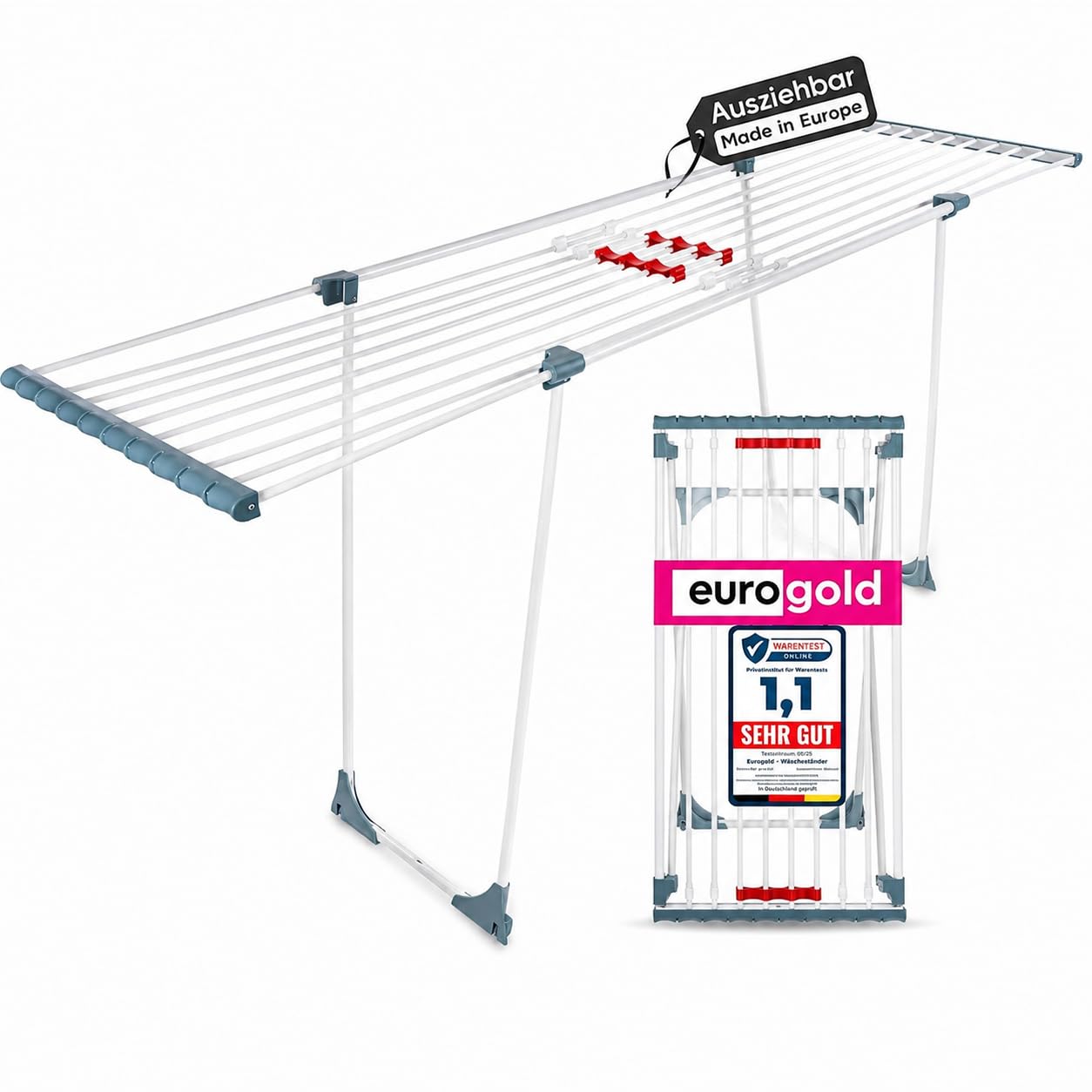 EUROGOLD Wäscheständer Ausziehbar 20m, Trockenständer für Bettwäsche Weiß | Stabiler Wäscheständer Klappbar ohne Querstrebe, Großer Trockenständer für Bettwäsche, Balkon, Garten & Zuhause