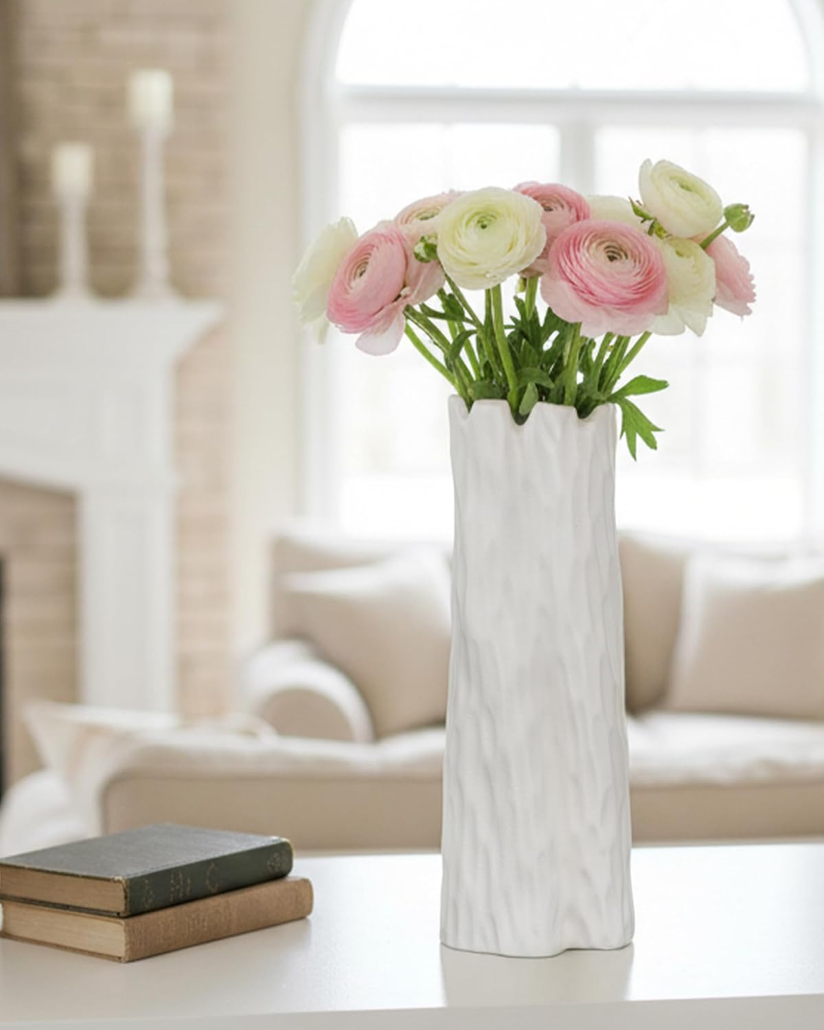 10.7 Inch White Ceramic Vase, Organic Nature Shape, OOSTONEE Boho Nordic Modern Style White Flower Vase, Shelf, Home, Living Room, Coffee Table Centerpiece, Ceramic vases for Home Decor