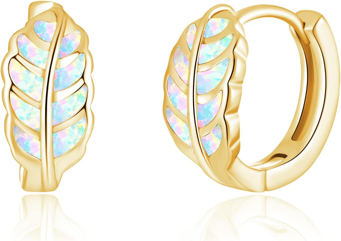 Lasidor Leaf Small Hoop Earrings for Women Girls Opal Huggie Hoop Earrings 14K Gold Plated Cartilage Mini Earrings