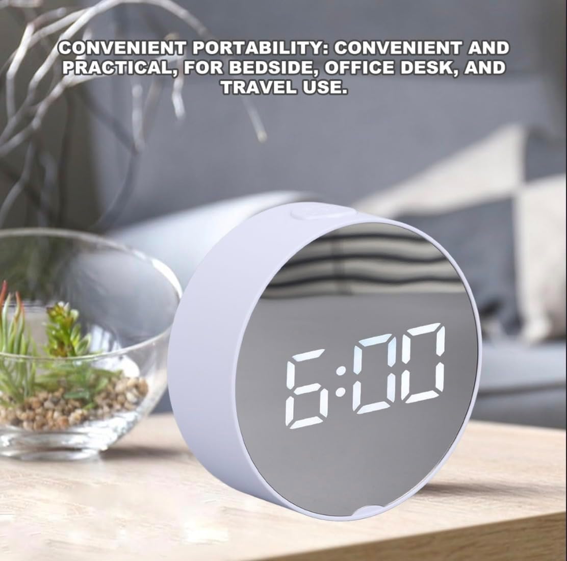 DT-6505 LED Mirror Alarm Clock displaying time 6:00