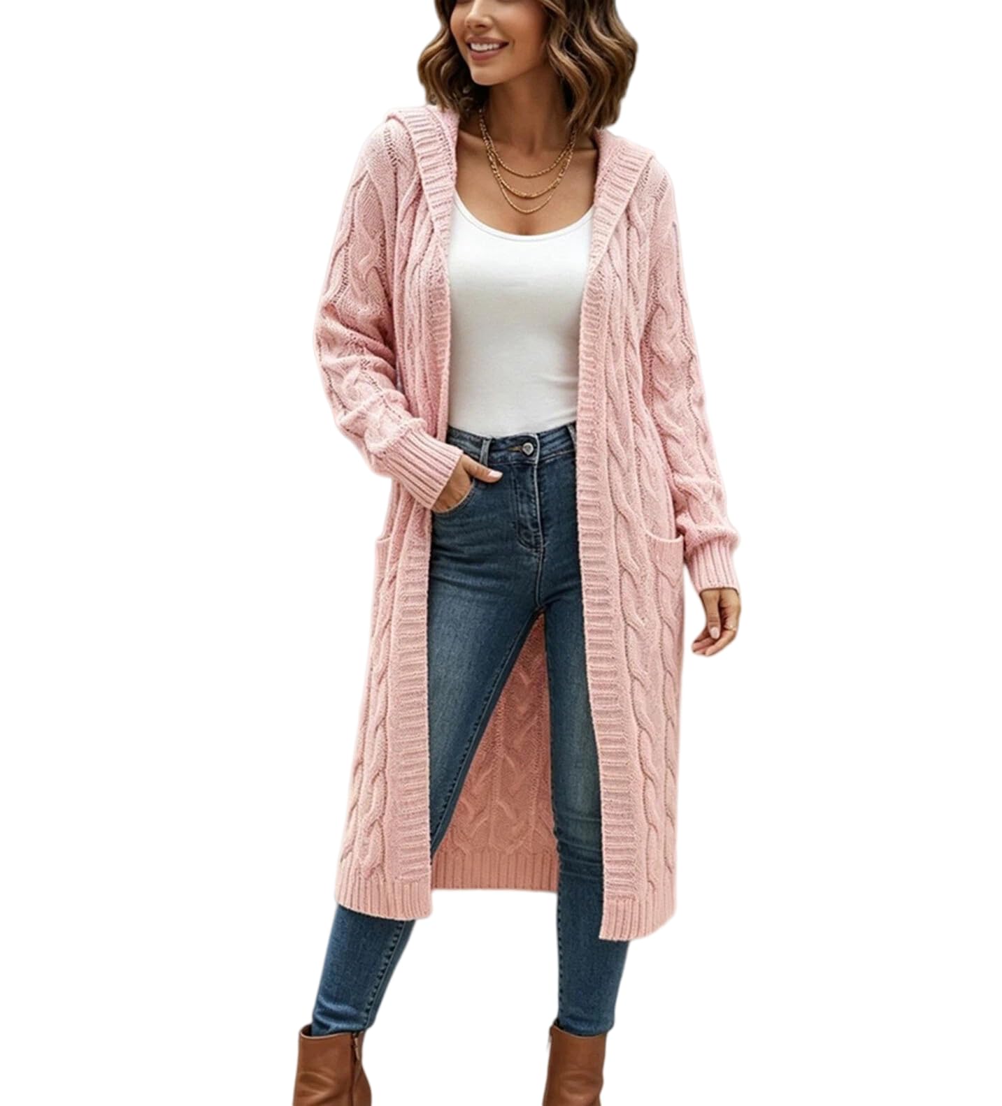 Gilet Long À Capuche pour Femme Manches Longues Grosse Maille Ouvert sur Le Devant Pull Décontracté Veste Unie Idéale pour La Mi Saison Automne Hiver et Le Quotidien.