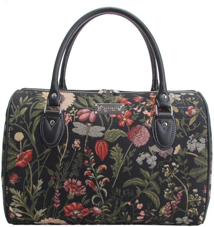 Signare Tapestry Duffle Bag Overnight Bags Weekend Bag for Women in Morning Garden Black Design (TRAV-MGDBK)