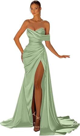Womens Satin Bridesmaid Dresses with Slit Mermaid Off Shoulder Long Corset Prom Dresses Formal Gowns