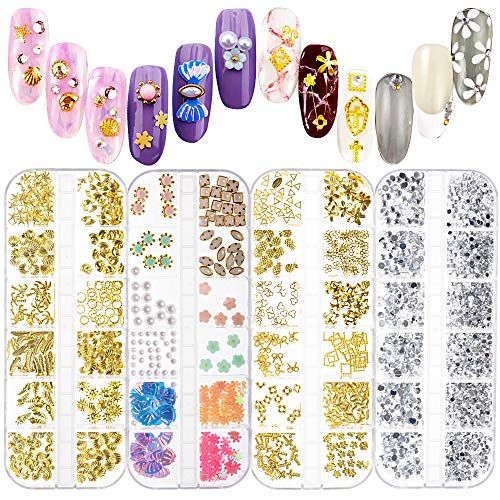 FLOFIA 4 Scatole Strass Pietre per Unghie Gioielli Pailettes per Decorazione Unghie Nail Art 3D Manicure Pedicure Fai da Te