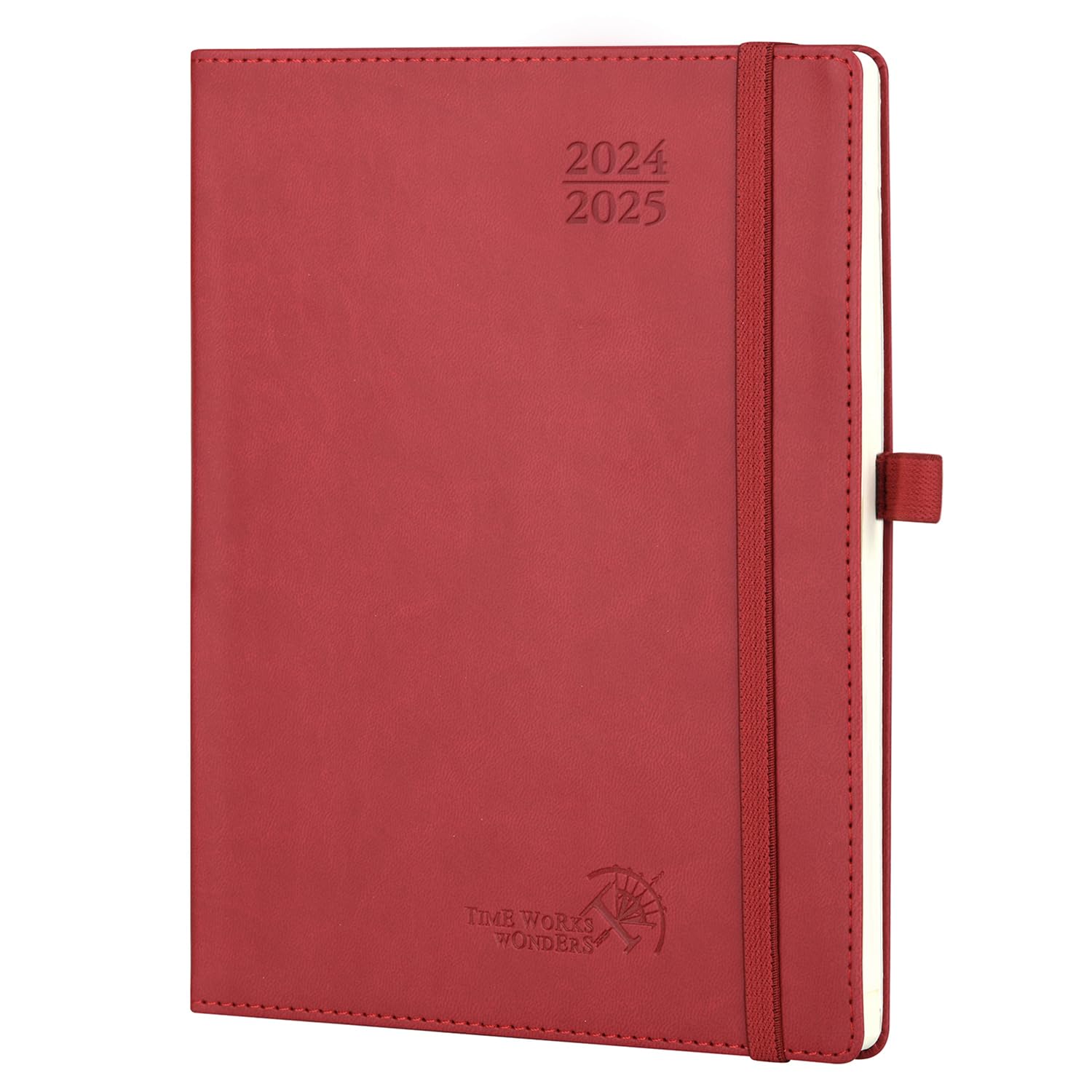 POPRUN Agenda 2024 2025 Semana Vista 22 x 16,5 cm, Agenda Semanal 17 Meses de Ago.2024 - Dic.2025, Tapa Blanda en Cuero Vegano, Porta Boligrafos Autoadhesivo, 80 GSM Papel Certificado FSC®, Borgoña
