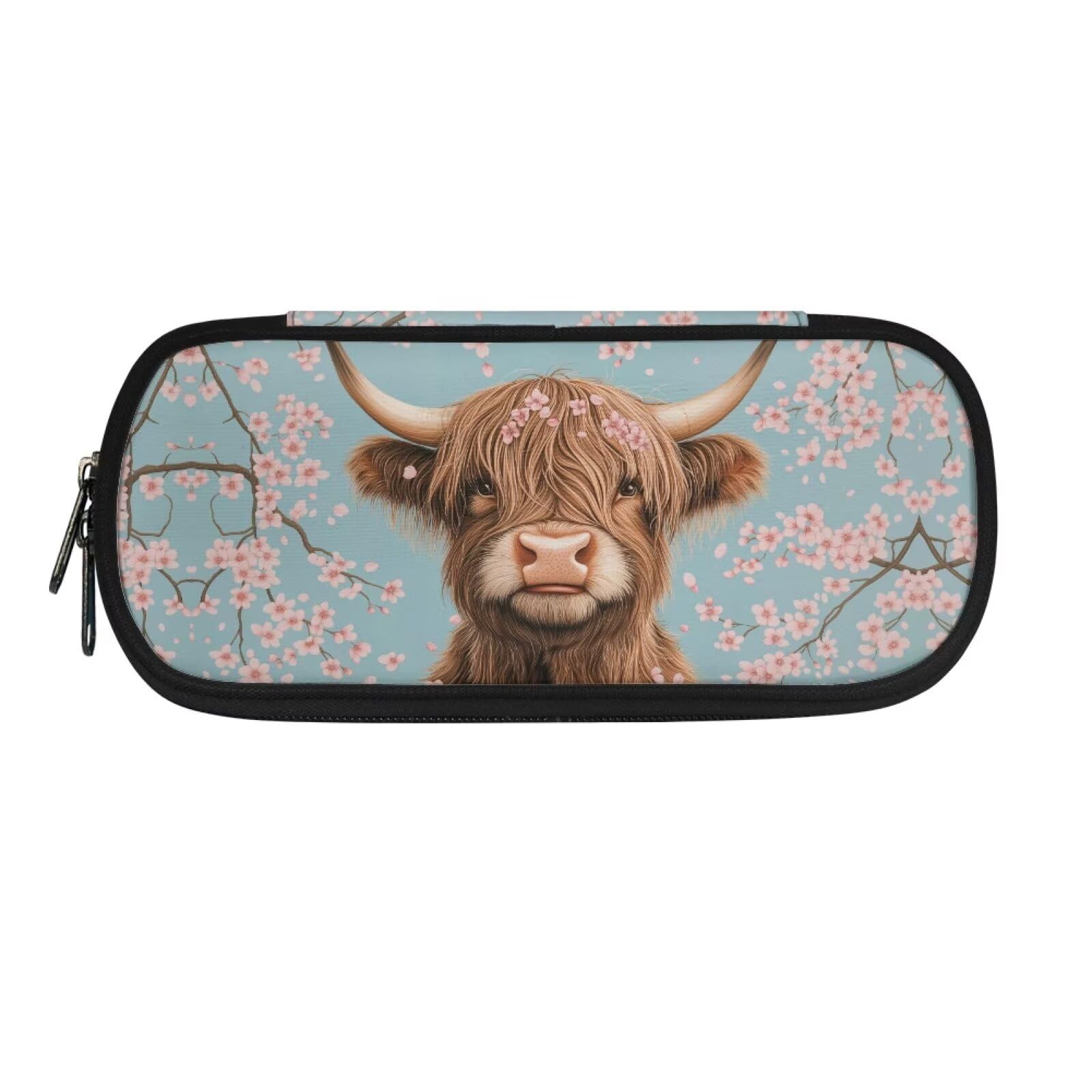 POLERO Highland Cow Pencil Cases for Girls Secondary School Supplies Cherry Blossom Pencil Storage Pouch with Compartments — image 1