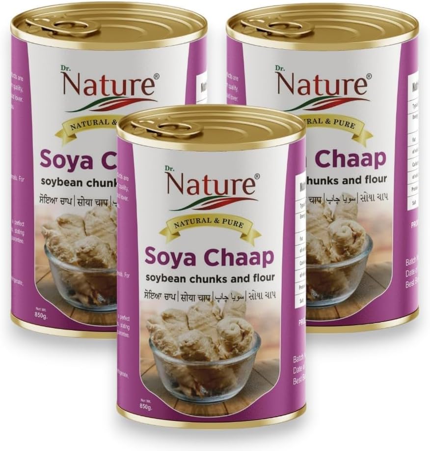 Dr.Nature Soya Chaap Soybean Chunks and Flour 850g Flavor Pack of 3 (850g Each) | Authentic Punjab Taste, Ready to Eat Canned Soya Chaap, Perfect for Indian Cuisine Cravings!
