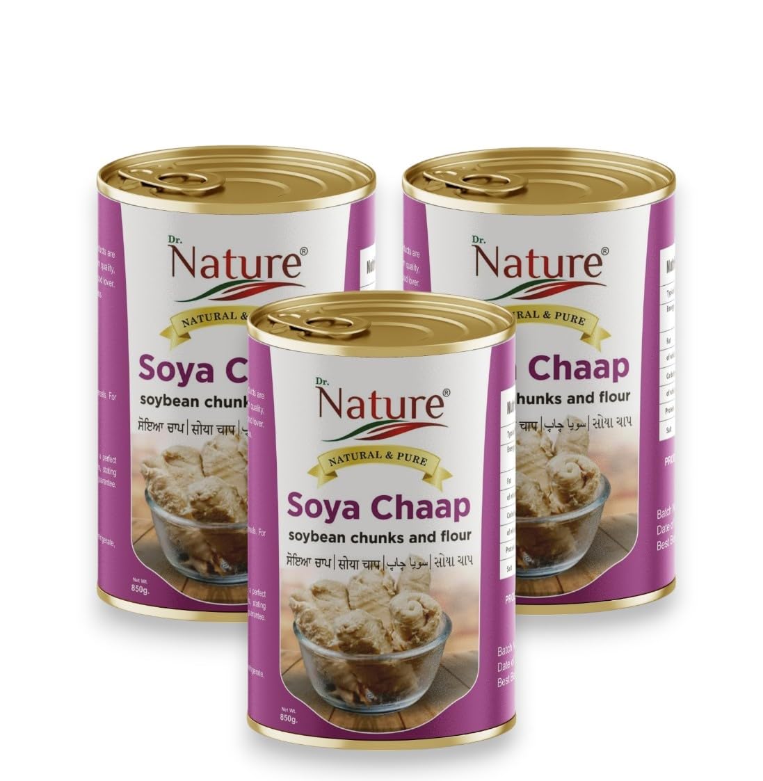 Dr.Nature Soya Chaap Soybean Chunks and Flour 850g Flavor Pack of 3 (850g Each) | Authentic Punjab Taste, Ready to Eat Canned Soya Chaap, Perfect for Indian Cuisine Cravings!