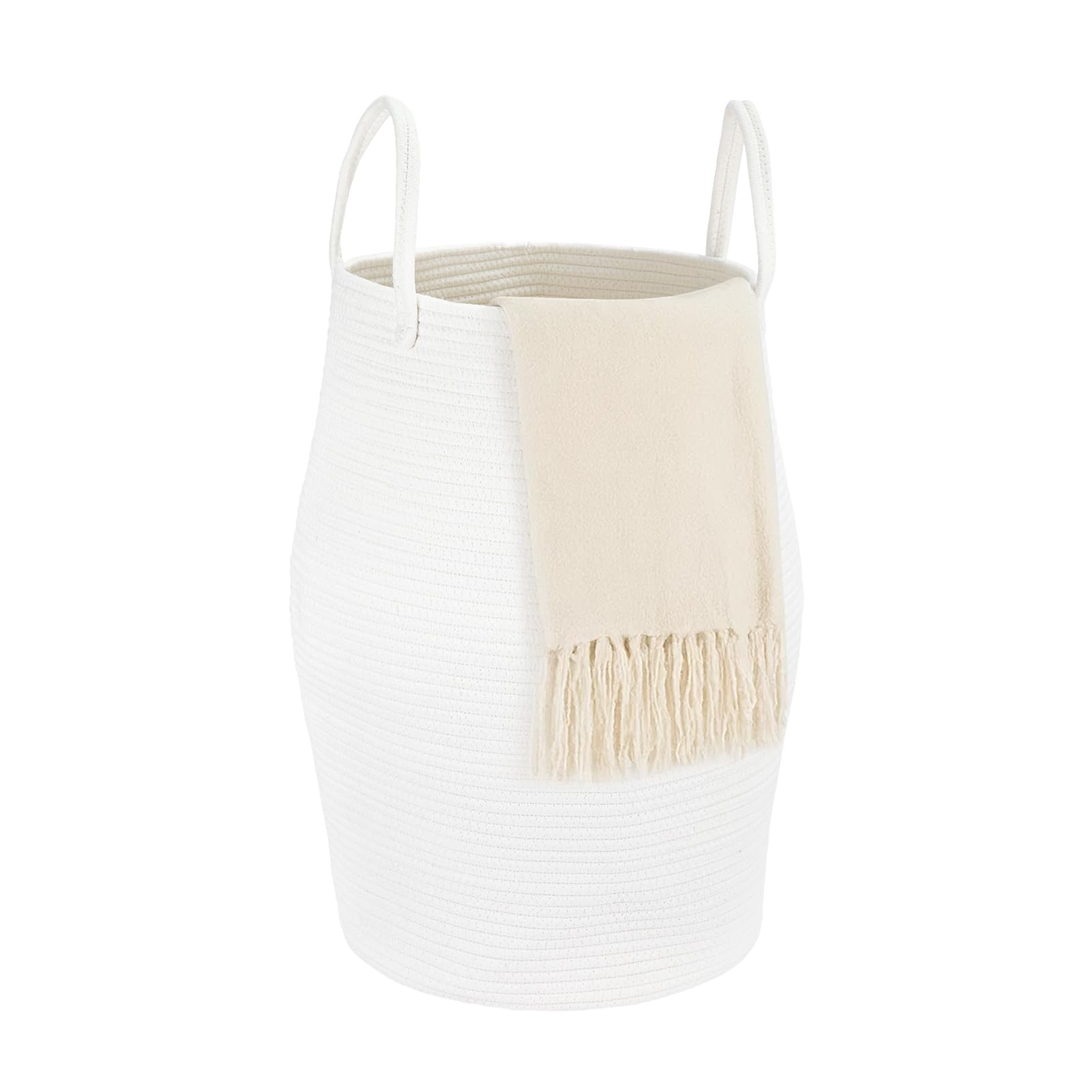SUNNYNEST Cotton Rope Basket Large Blanket Basket Woven Storage Basket Toy Storage Organiser Nursery Decor Laundry Hamper with Handle Bedroom and Living Room (White)