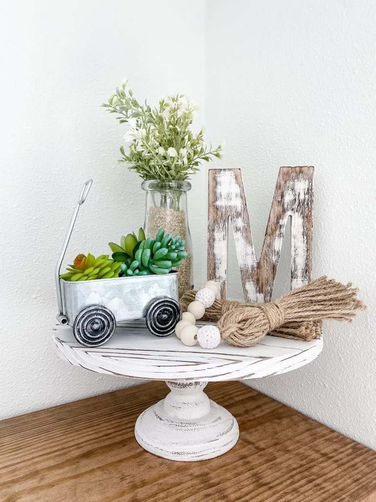 White Wooden Rustic Farmhouse Cake Stand - 10-inch x 4.5-inch Round Distressed Wood Dessert Cupcake Tray Stand - Vintage Style Pedestal Riser Decor Display for Wedding, Birthday, Party Decoration : Home & Kitchen