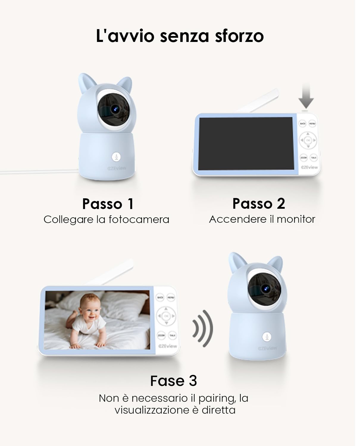 CZEview 5,5" 2.5K Baby Monitor Video e Audio, Luce Notturna & Musica, Telecamera Bambini, Controllo Tramite APP Mobile & Monitor, Rilevamento di Grida/Movimento (Blu con 2 telecamere)
