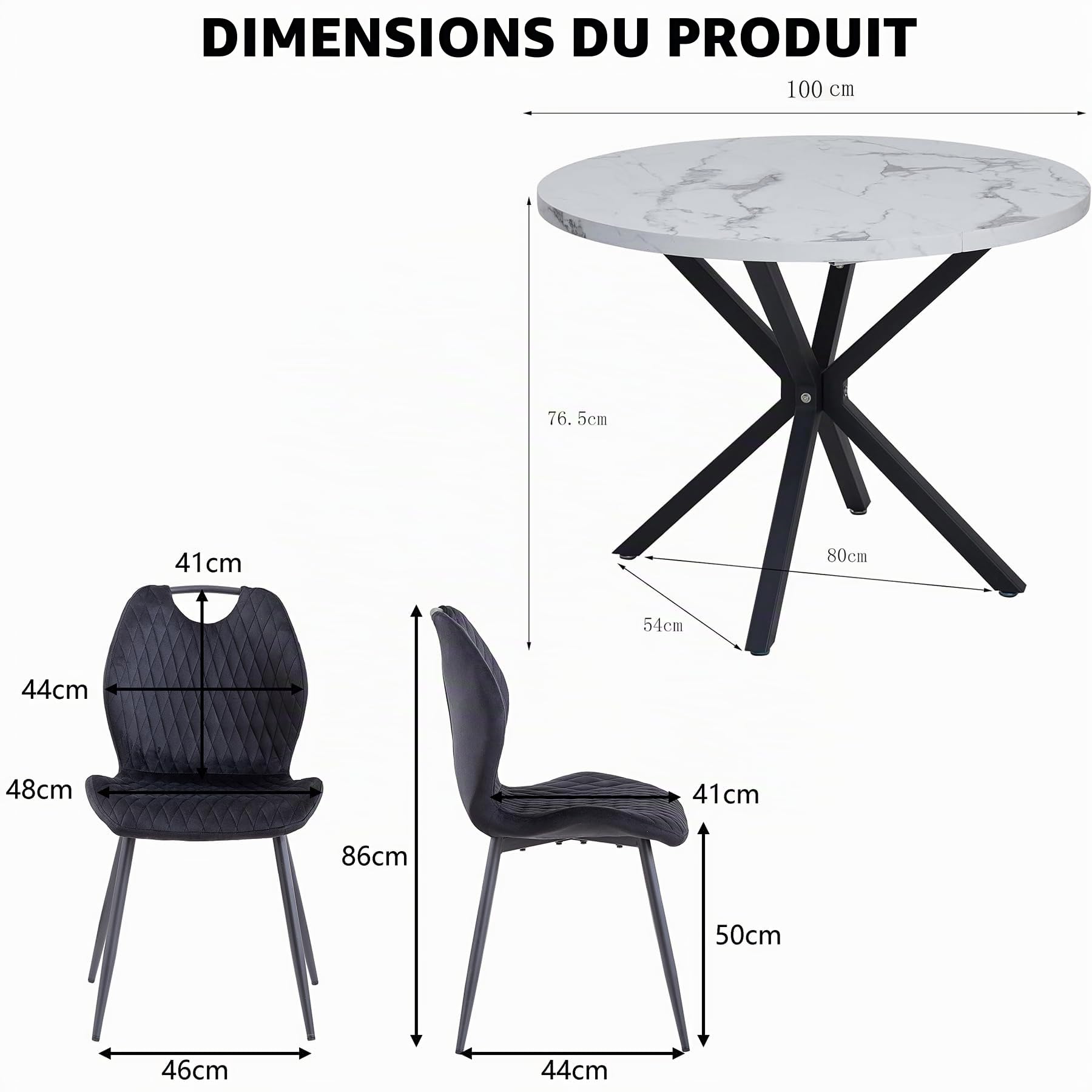 Ensemble Table et chaises,Table à Manger Ronde de 100cm avec 4 chaises Modernes en Velours hollandais,Convient aux salles à Manger,aux Cuisines(marbre+Noir