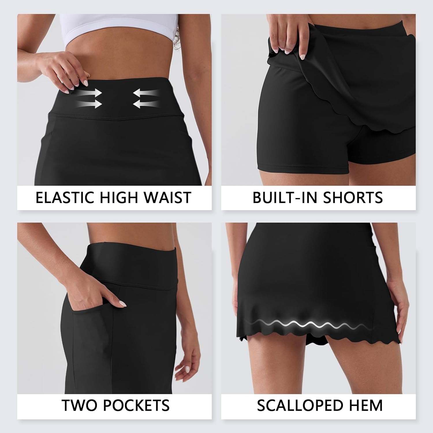 Women’s Tennis Skirt with Pockets, Quick-Dry Scalloped Hem Sport Skort with Built-in Shorts for Golf Running Workout - Image 3