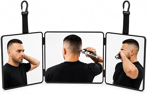 Trifold Cosmetic Mirror for Self-Cut, 360° Back View, Hangable