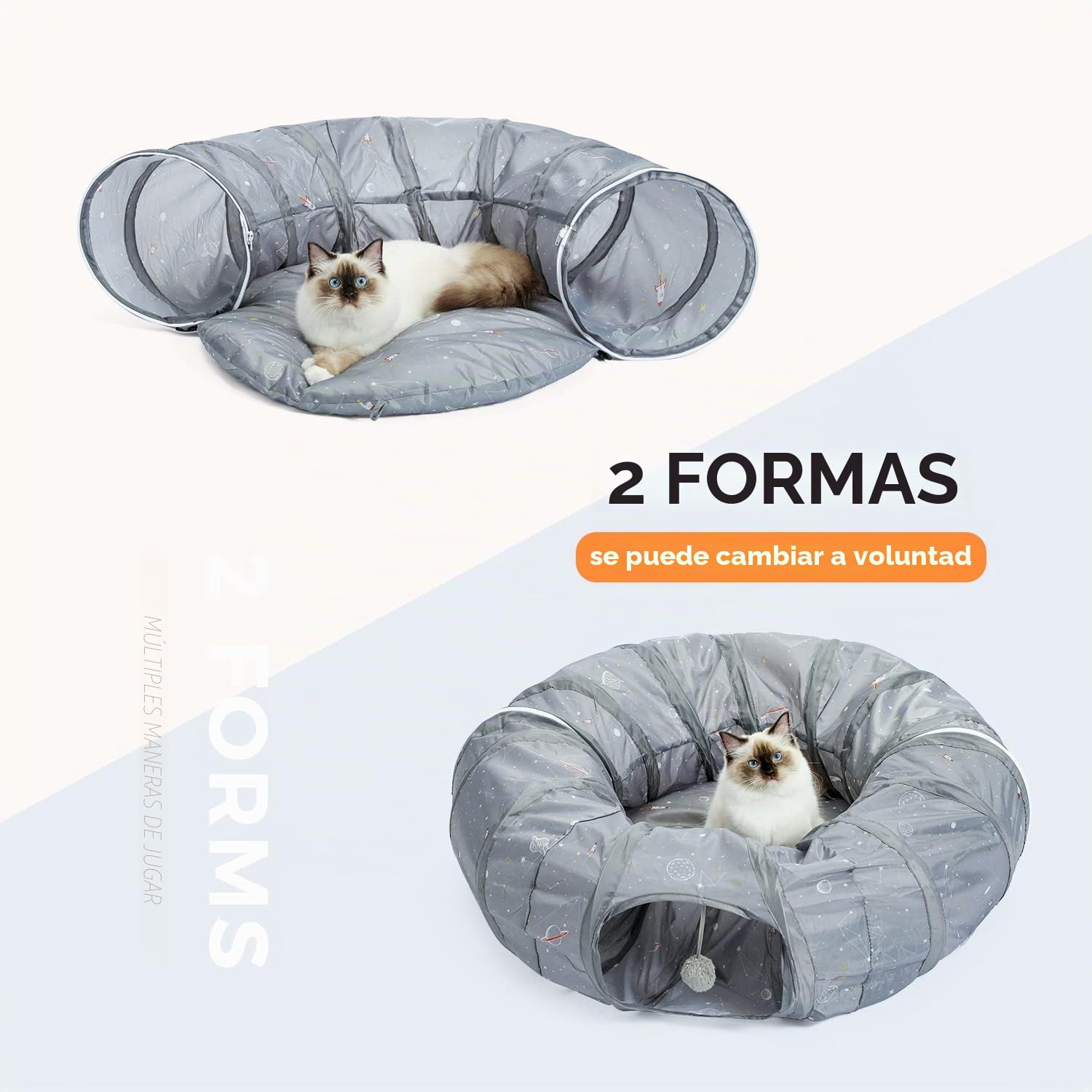 PAWZ Road Túnel para gatos, cama túnel para gatos con alfombrilla central blanda y juguetes de peluche, tubo túnel plegable con bonitos estampados de cohetes para gatitos, conejos de interior