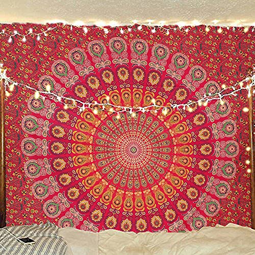 Bless International Tapisserie de literie murale indienne hippie psychédélique psychédélique paon (rouge doré, Taille de reine (84x90 pouces)(215x230 cms))