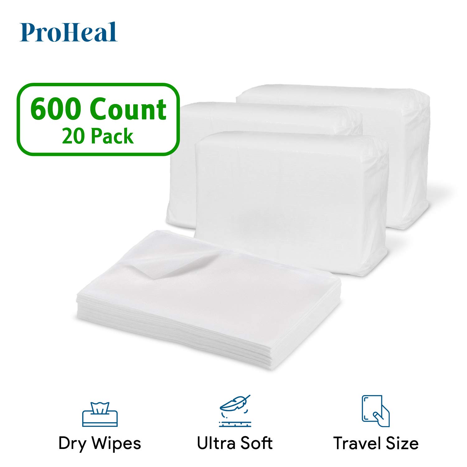Disposable Dry Wipes for Adults & Baby - 600 Count (20 Packs of 30) - Gentle & Durable Washcloths for Incontinence and Skin Care - 7" x 13" Travel Size - Non-Moistened Face Cloths