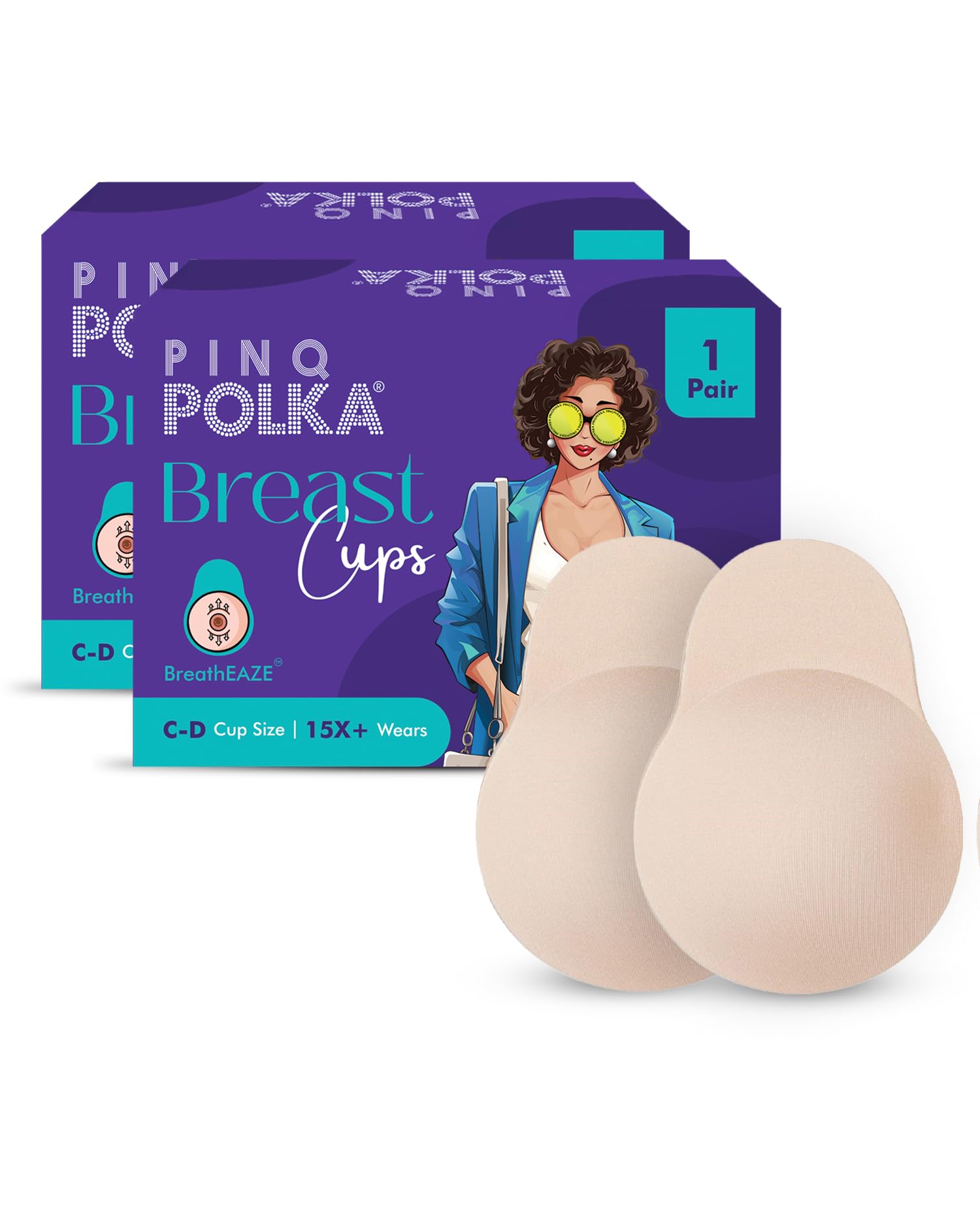 PINQ POLKA Reusable Silicone Bra Lift Cup for Women|Stick on|Invisible Breast Lift Cups |Skin- Friendly Adhesive|Up to 12 Hrs Sticking Capacity|Reusable Cloth Bag|Nude Colour C- D Cup Size - 4 Pcs