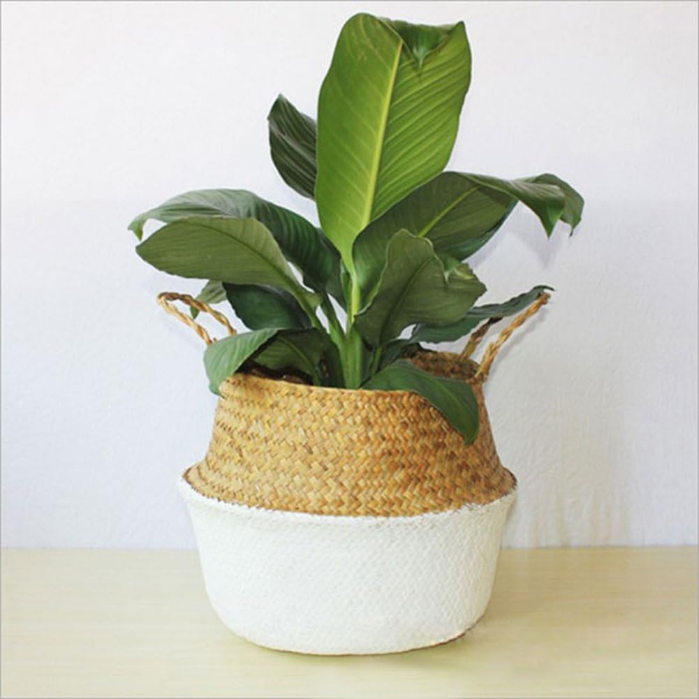 Household Woven Belly Basket With Handle Hand-Woven Foldable Storage Basket For Dirty Clothes Fruit Toys Picnic Beach Bag Nordic Style Plant Flower Pots-L