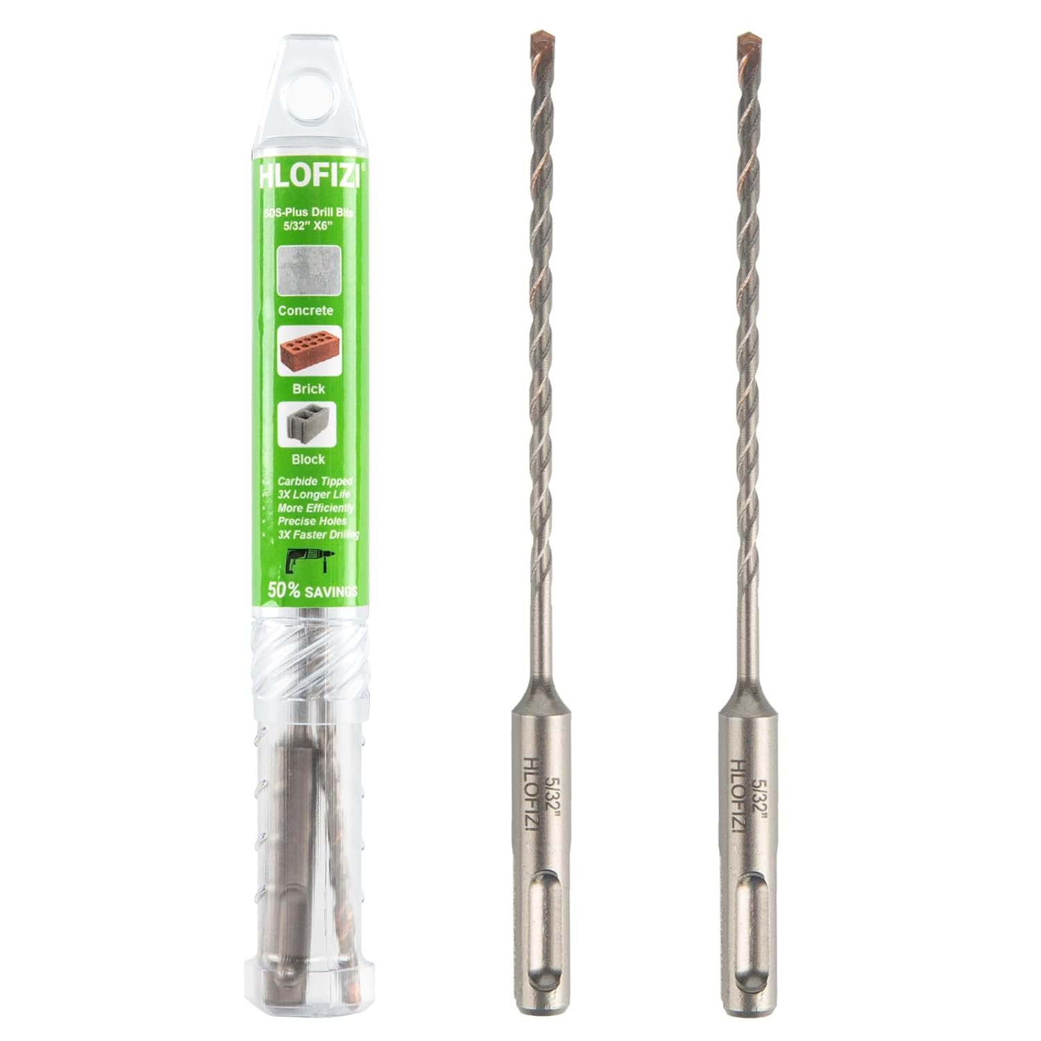 5/32" x 6” SDS Plus Hammer Drill Bits 5/32 inch Masonry Drill Bits Carbide Tipped for Concrete, Brick, Block, Stone, 2 Pack