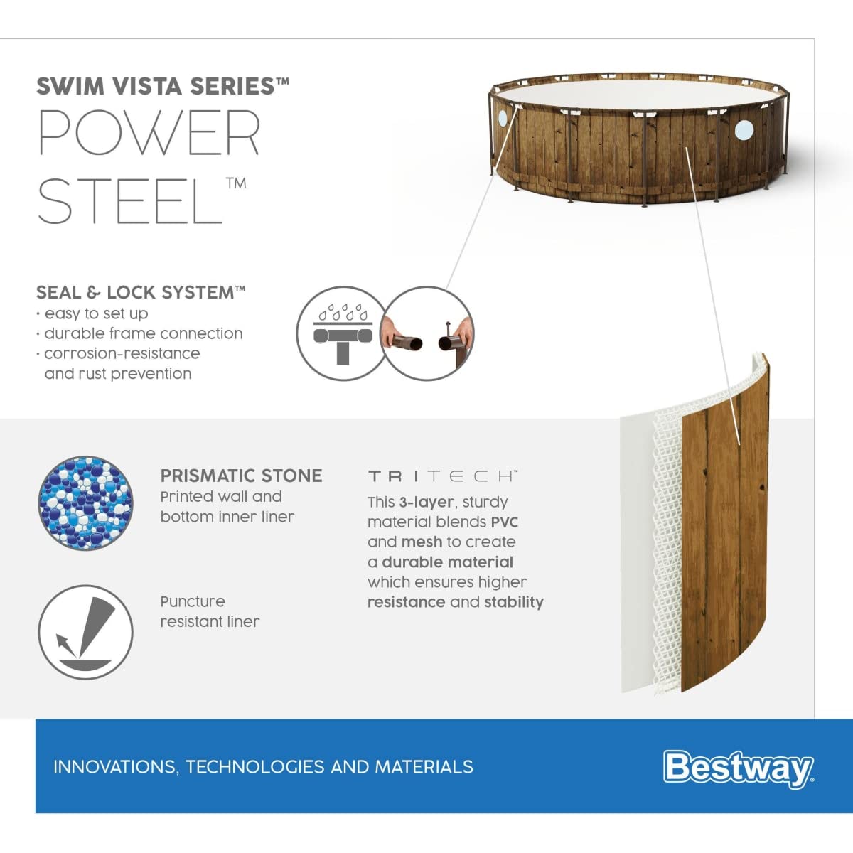 Bestway Power Steel Swim Vista Series Frame Pool Komplett-Set mit Filterpumpe Ø 488 x 122 cm, Holz-Optik (Pinie), rund